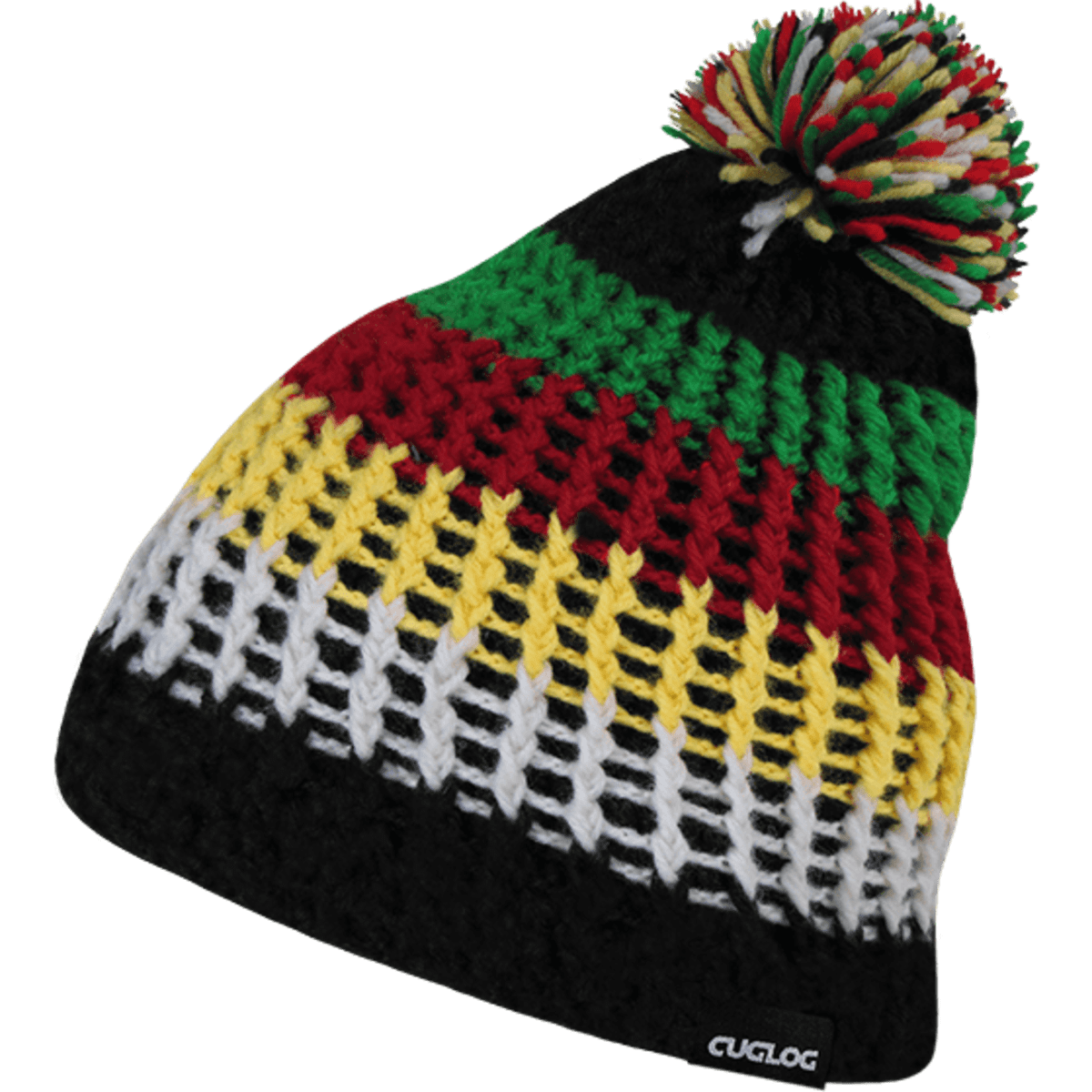 A knitted beanie featuring black, red, green, yellow, and white stripes, topped with a multicoloured pom-pom.