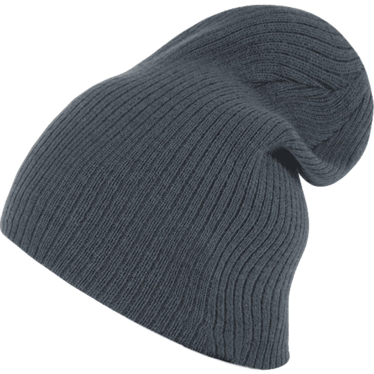 A grey beanie with a ribbed texture, featuring a slouchy design and a branded logo.