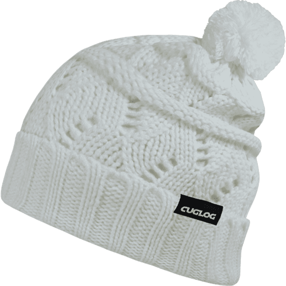 A white knitted beanie featuring a pom-pom and a small logo tag.