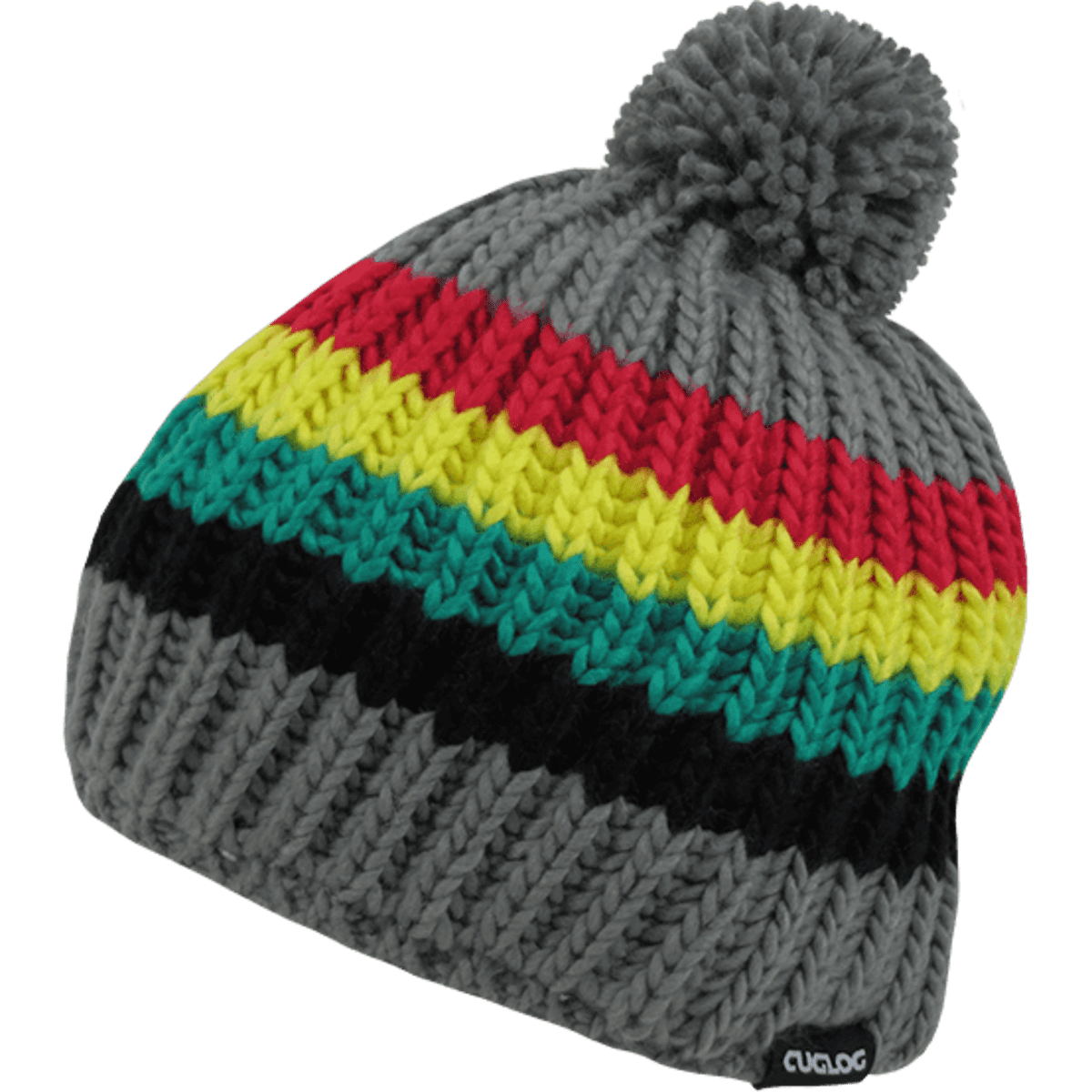 A knitted beanie featuring grey, red, yellow, green, and black stripes, topped with a pom-pom. It has a logo.
