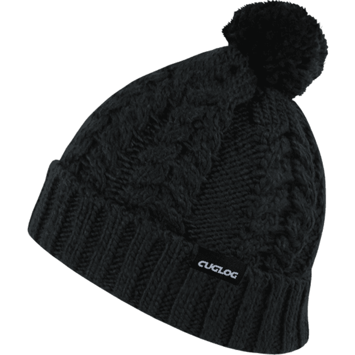 A black beanie featuring a pom pom on top and a textured knit design, with a logo on the band.