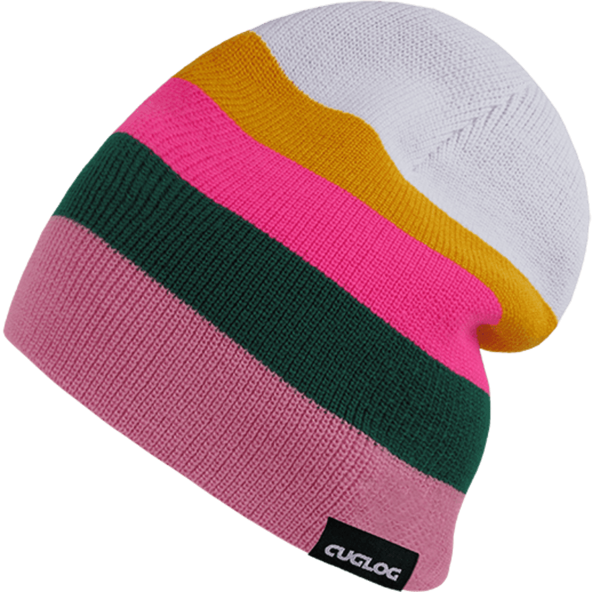 A knitted beanie featuring stripes in pink, green, white, and yellow, with a branded tag on the side.