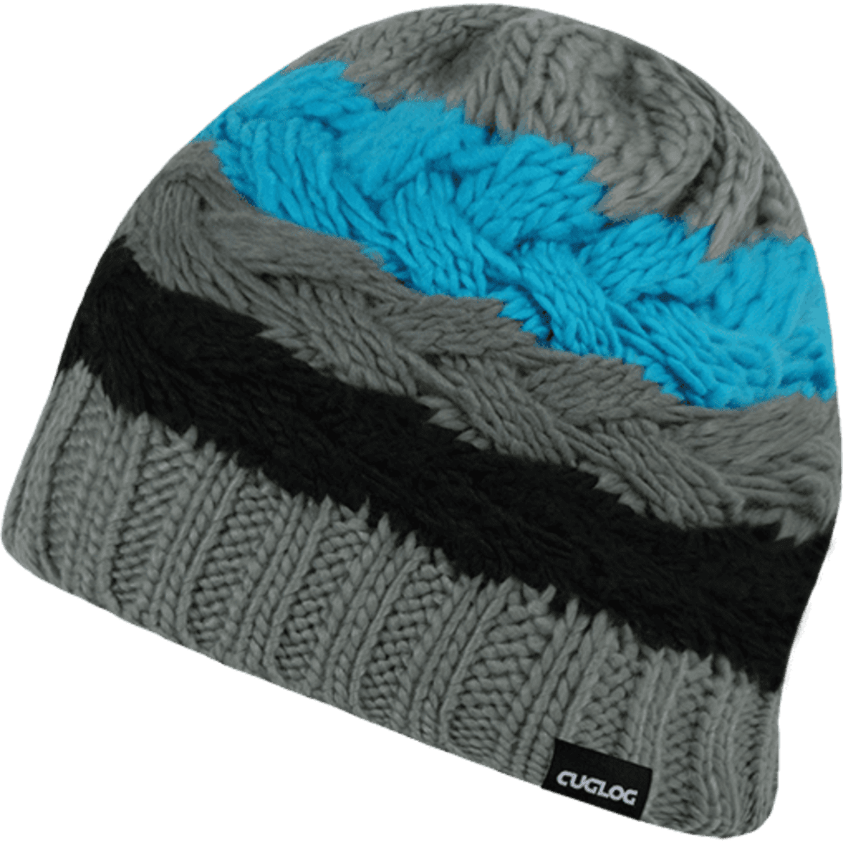 A knitted beanie featuring grey, black, and blue stripes, with a textured pattern and a logo tag.