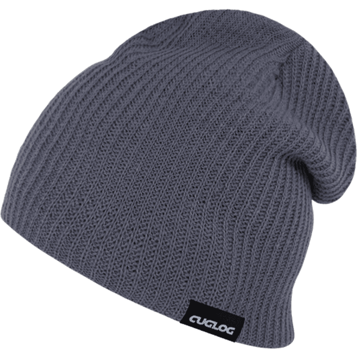 A grey beanie with a ribbed texture and a small logo on the side.