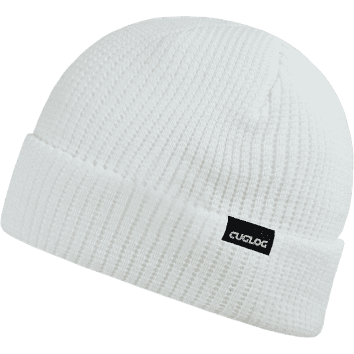 A white beanie with a textured knit design, featuring a black logo tag on the side.