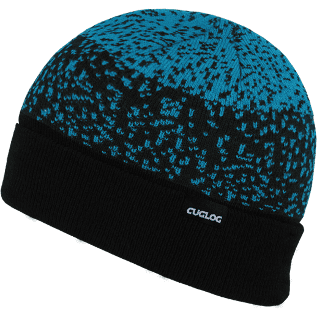 A knitted beanie featuring a black and turquoise pattern with a folded cuff and a logo on the side.