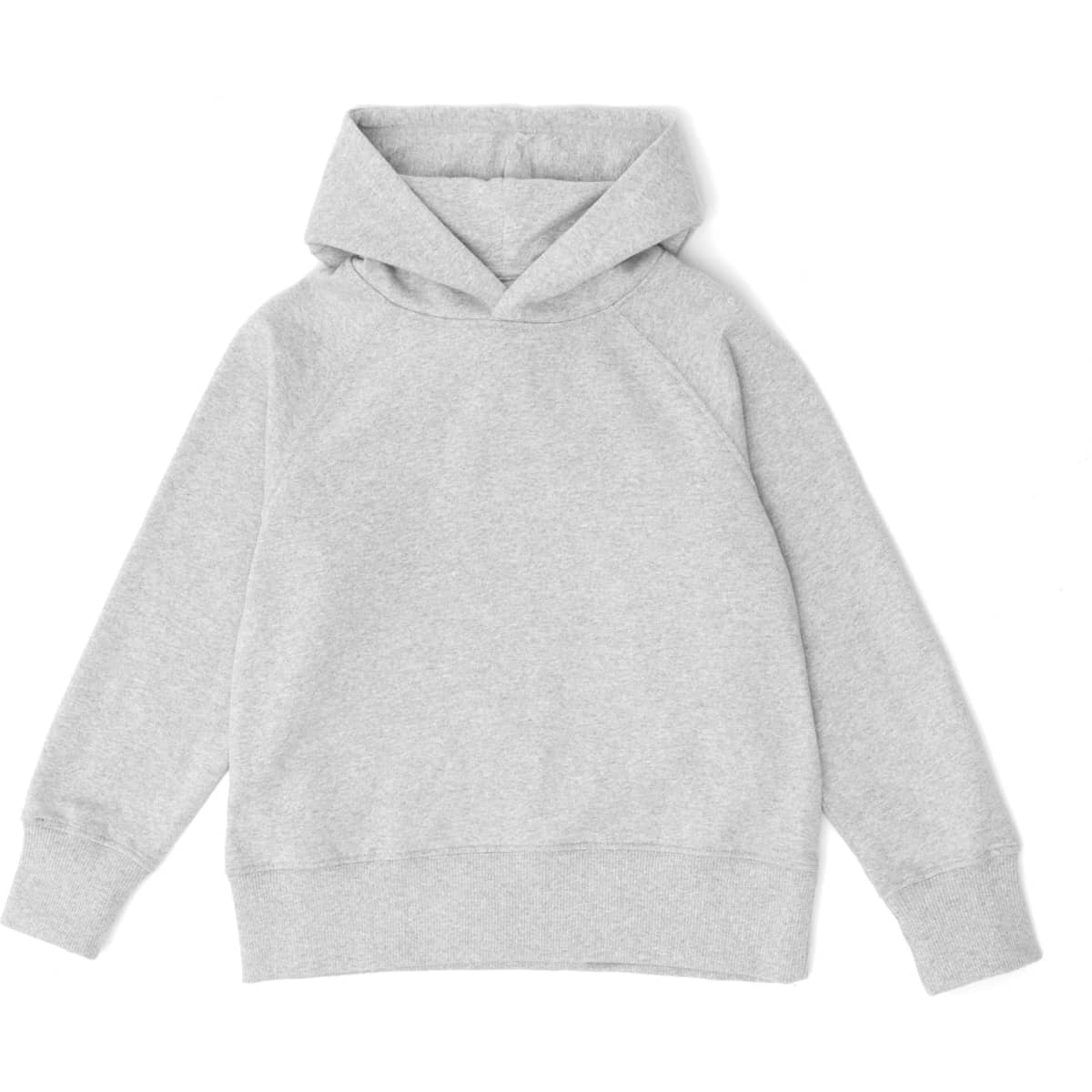 A grey kid's hoodie featuring a relaxed fit and a large hood, with ribbed cuffs and hem. It has a logo.
