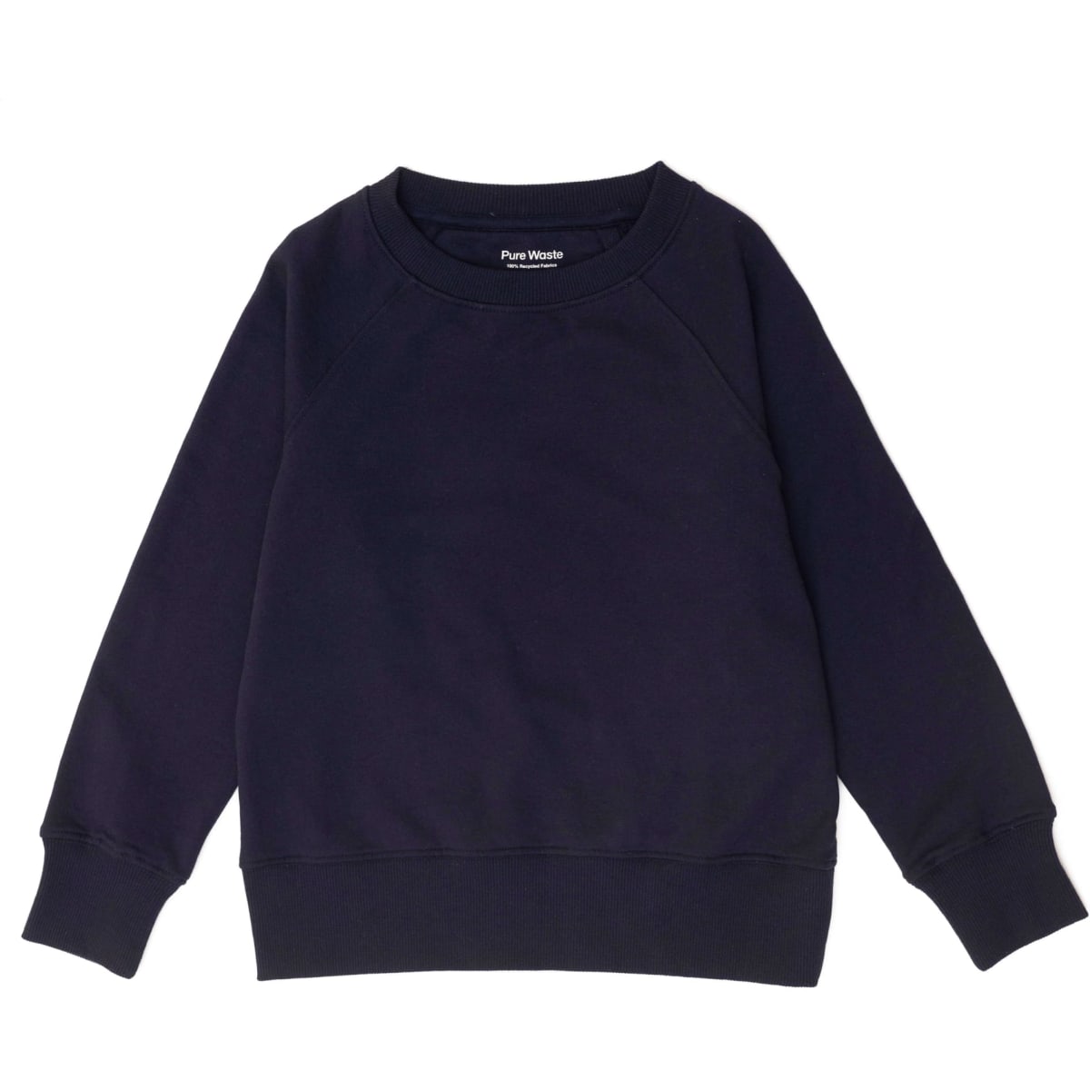 A navy blue kid's sweatshirt with a round neckline and ribbed cuffs. It features a logo on the inside label.