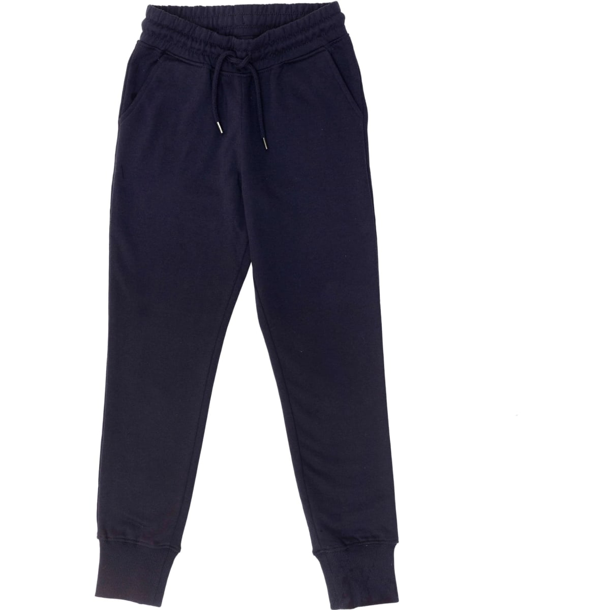 Navy blue kid's sweatpants with an elastic waistband and cuffs, featuring two side pockets.
