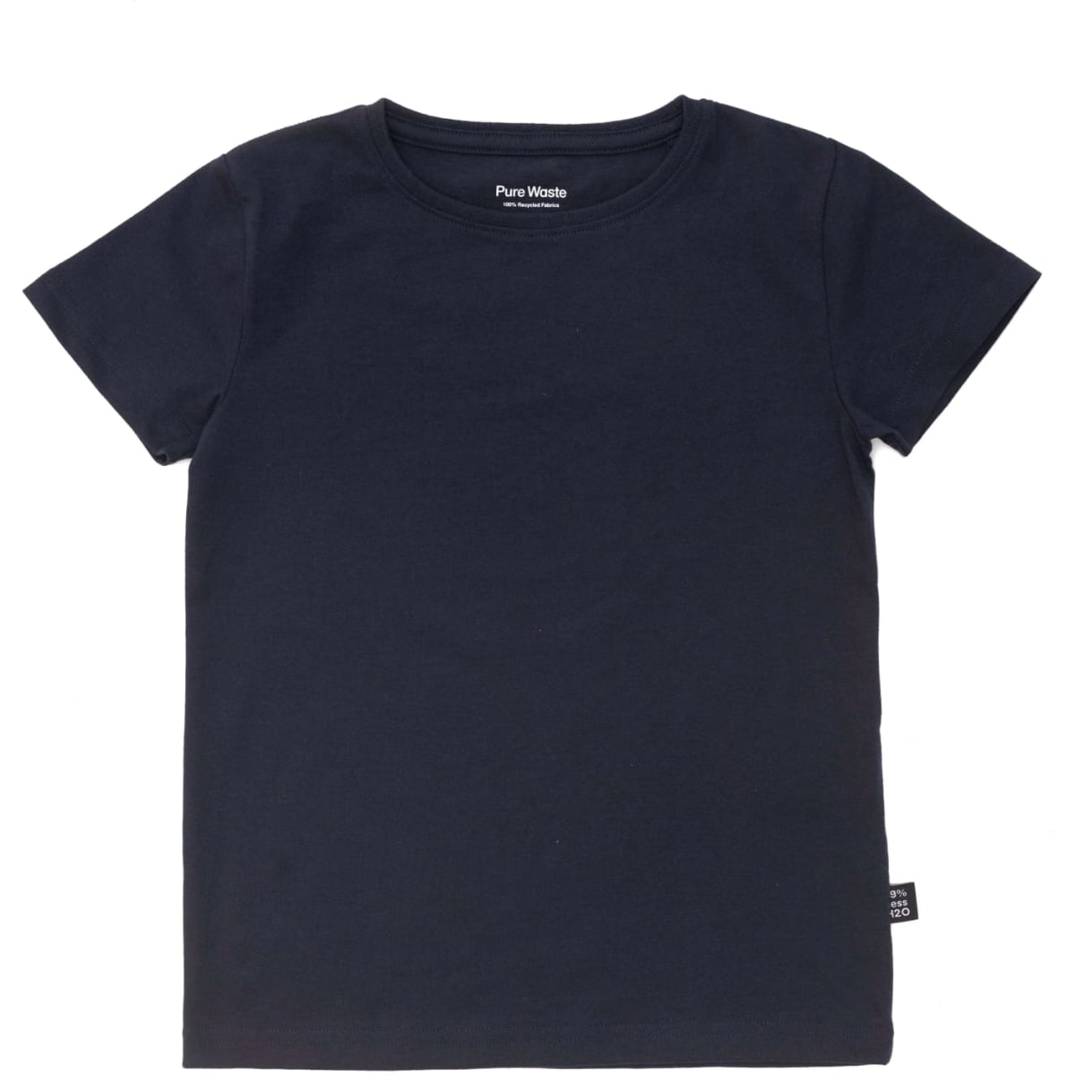 A navy blue kid's T-shirt with short sleeves and a small logo on the side.