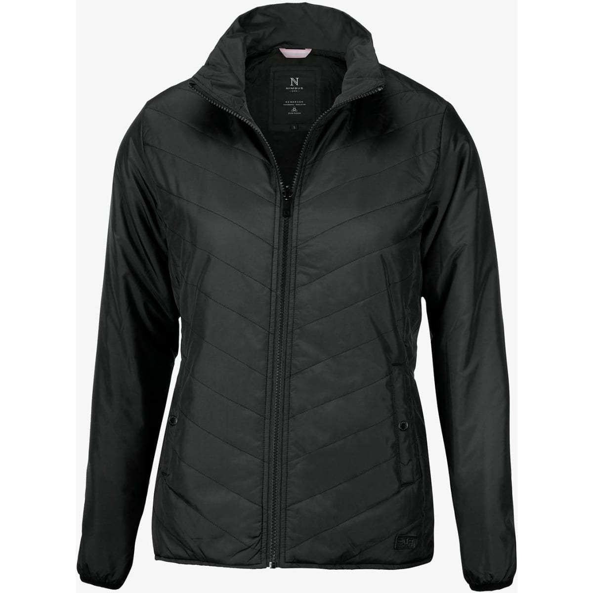 A black jacket featuring a zip front, chevron stitching, and side pockets. Includes a logo on the fabric.