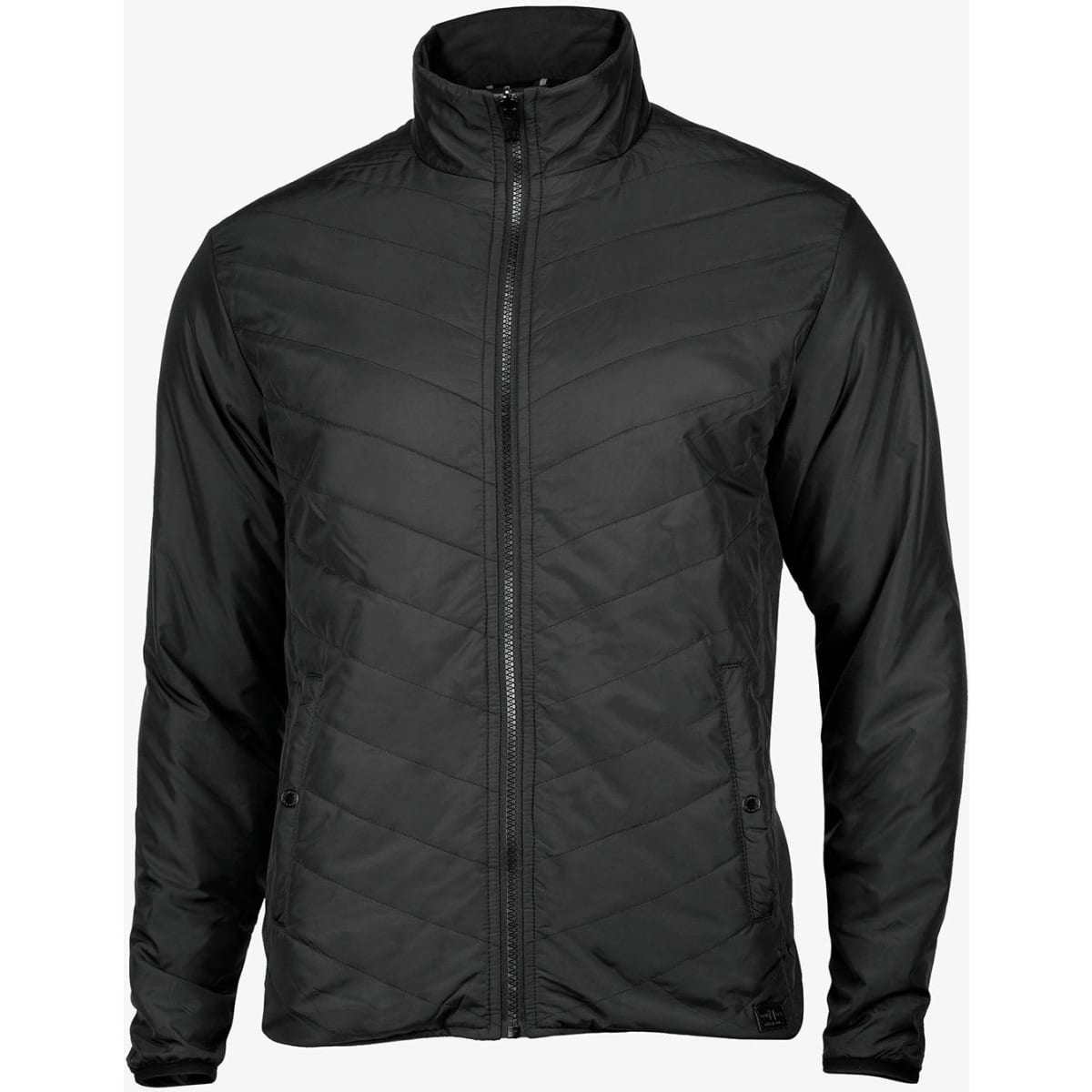 A black men's jacket featuring a zip front and a high collar design. It has a logo on the fabric.