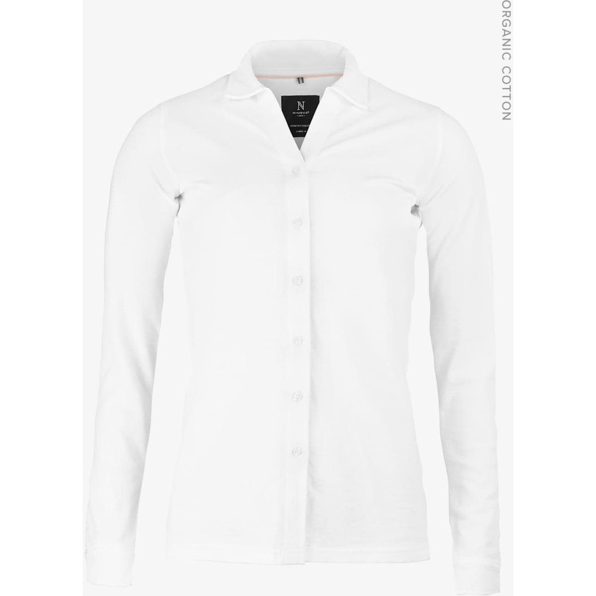 A white long-sleeved polo shirt made from organic cotton, featuring a button-up front and a branding logo.