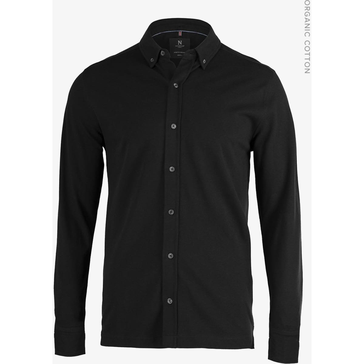 A black long-sleeved polo shirt made from organic cotton, featuring a button-up front and a collar. It has a logo.