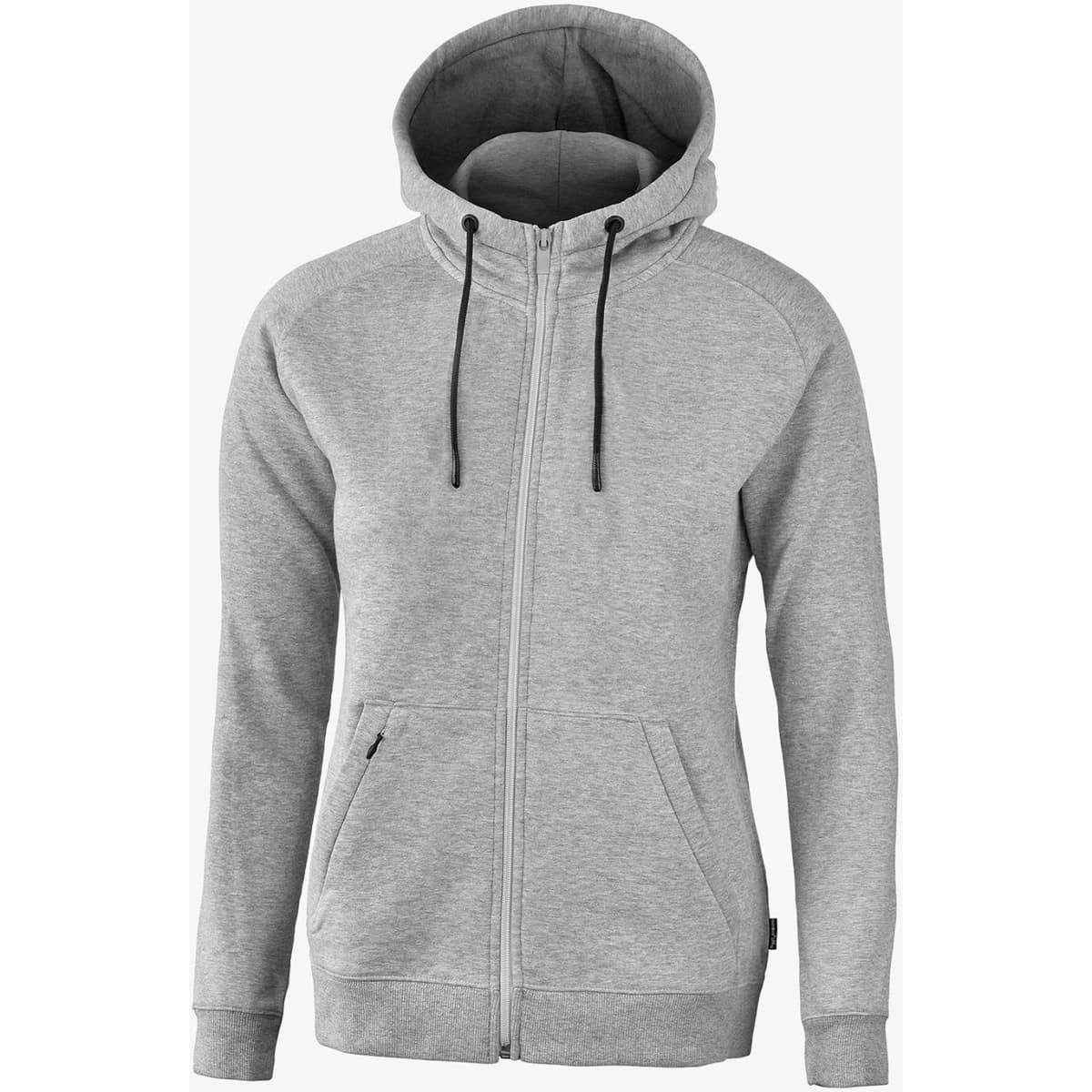 A grey zip-up hoodie with a hood, featuring pockets and drawstrings. It also has a logo.