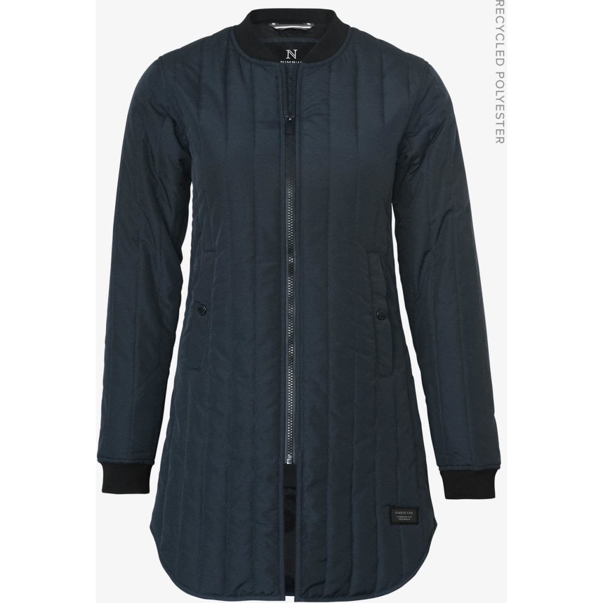A puffer jacket in navy blue featuring a zip front, long sleeves, and a logo on the side.