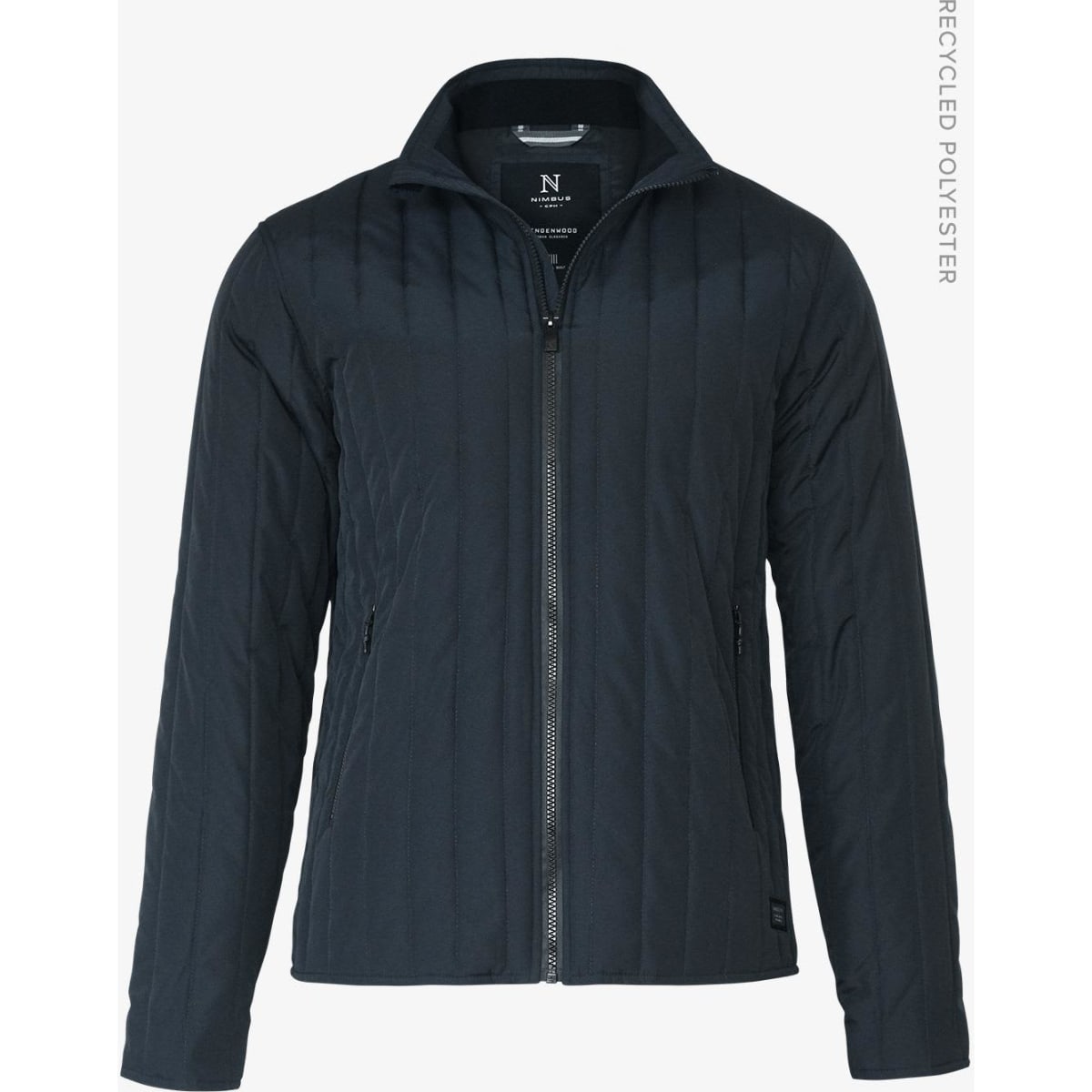 A navy soft shell jacket with a zip front, featuring a quilted design and a branding logo.