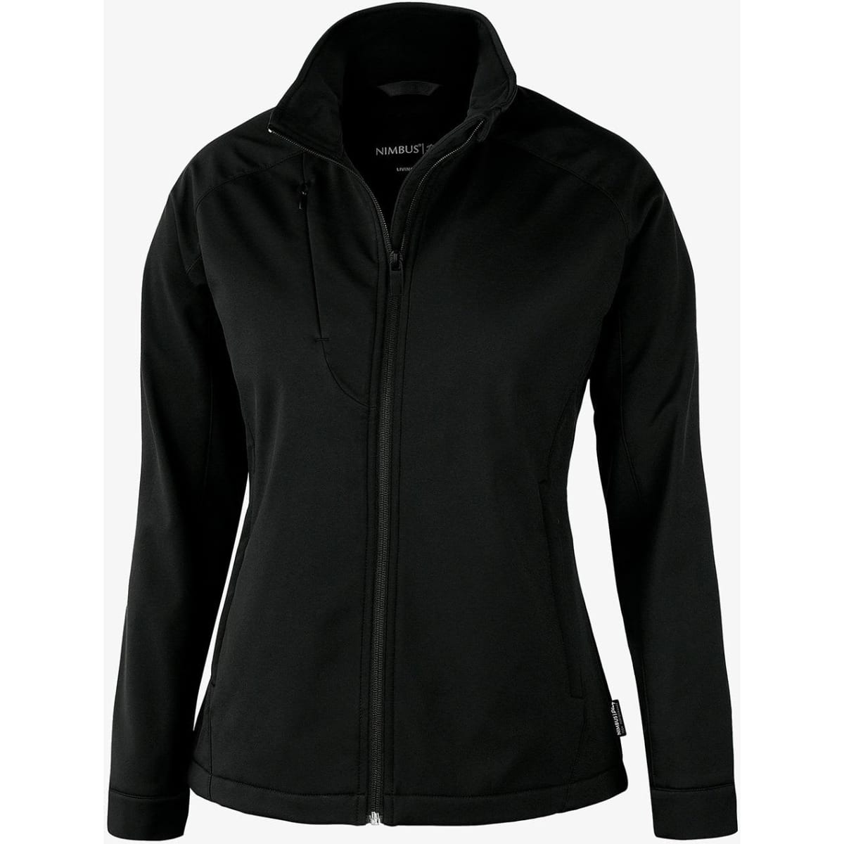 A black soft shell jacket with a zip-up front and high collar, featuring a pocket on the chest and a logo.