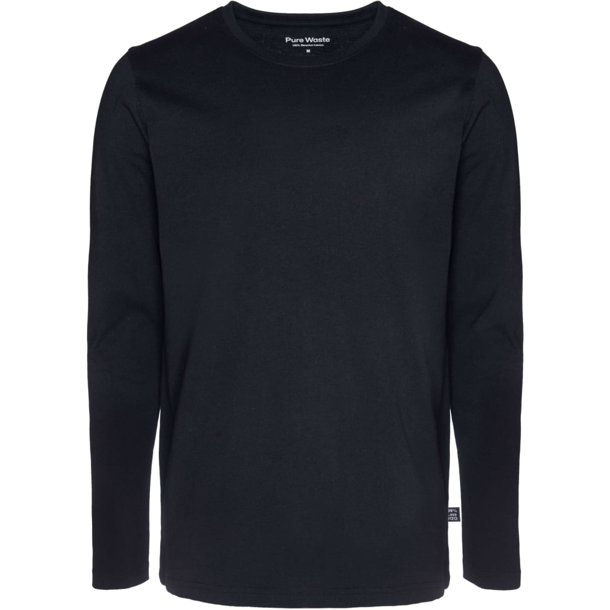 A black long sleeve men's t-shirt with a crew neckline and a small logo on the side.