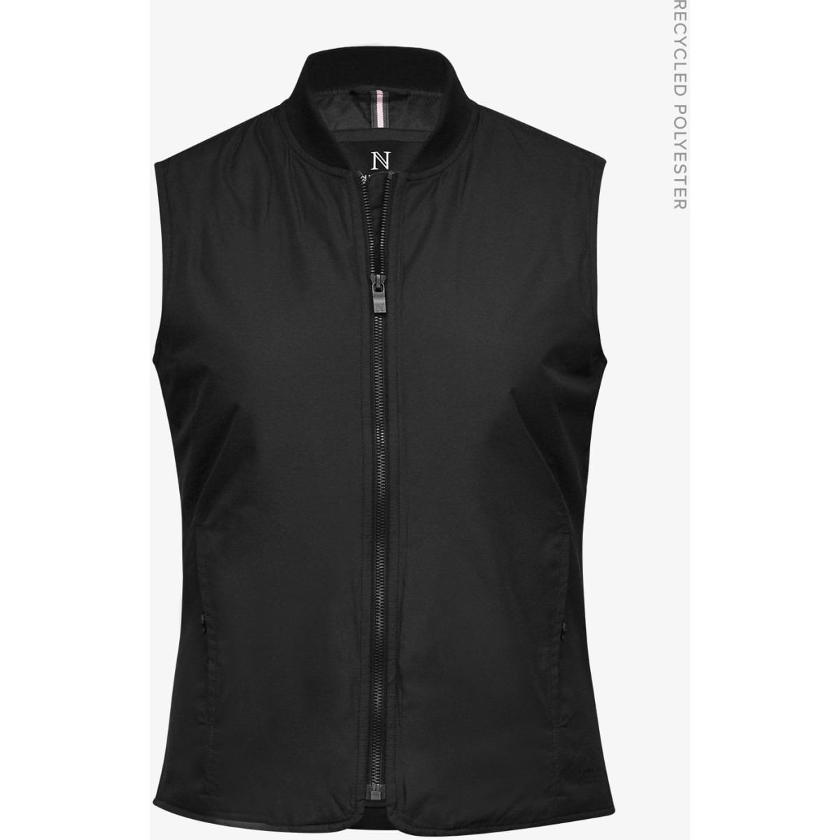 A black puffer vest made of recycled polyester, featuring a zip front and a stand collar. It includes a logo.