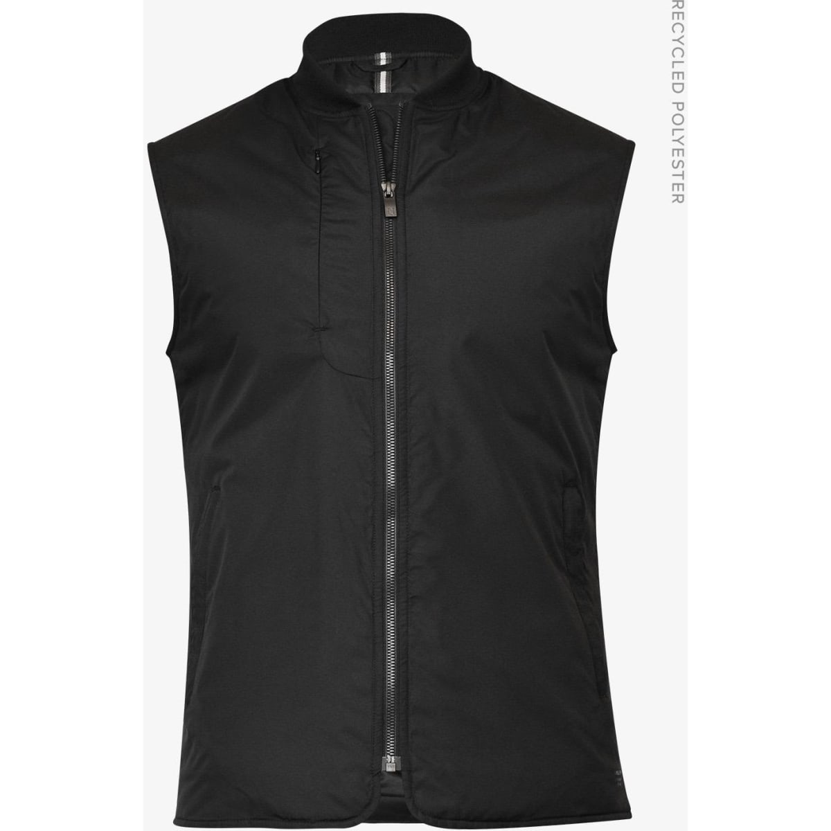 A sleeveless black vest made from recycled polyester, featuring a front zip and a minimalist design.