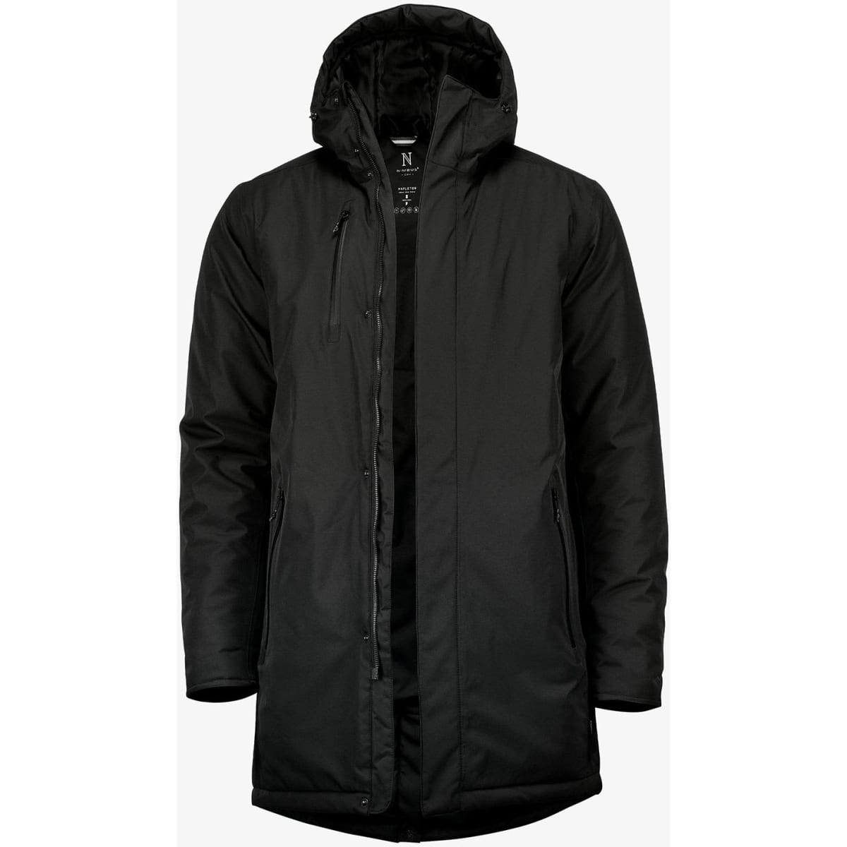 A puffer jacket in black with a hood and a zip front. It features a logo on the chest.