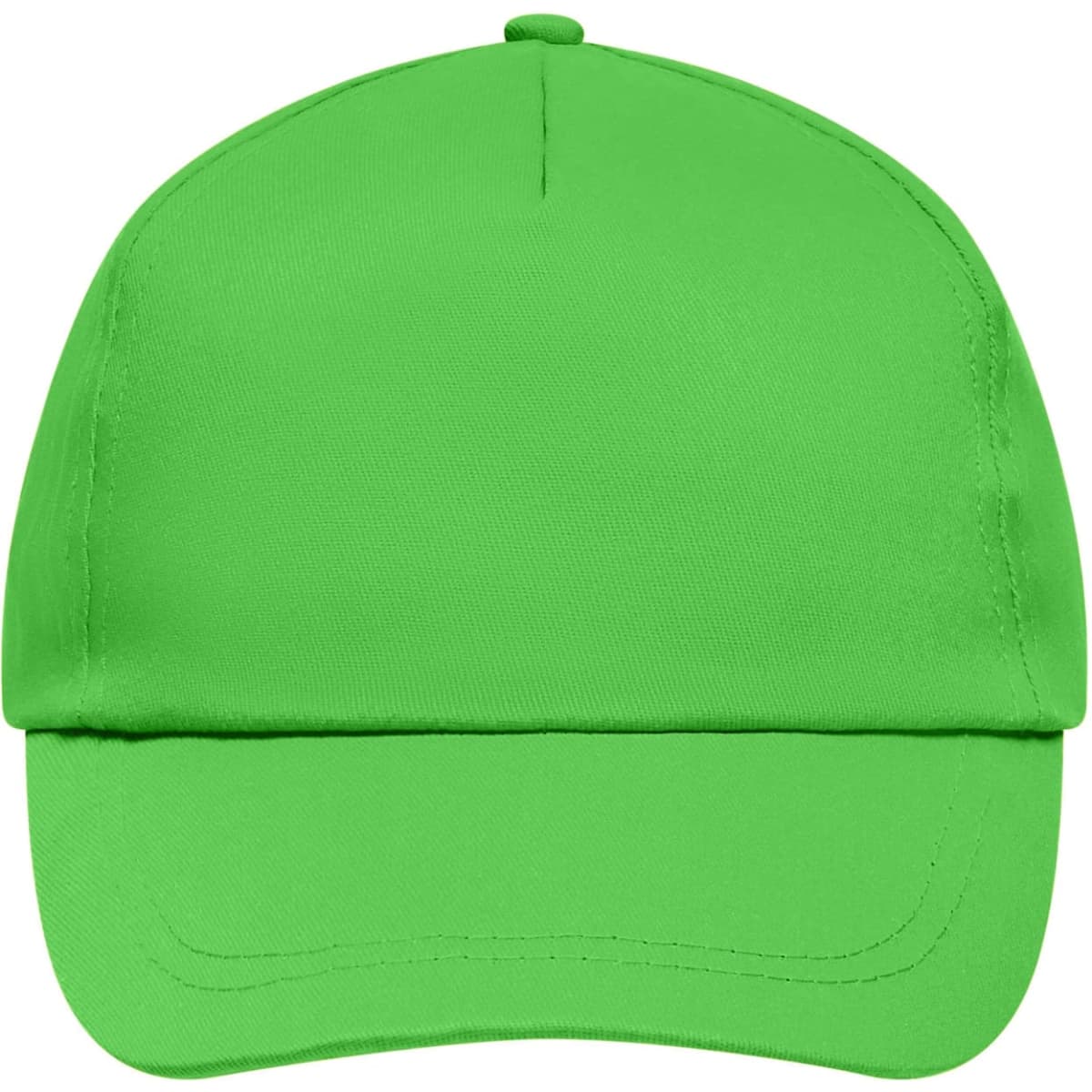 A bright green 5 Panel Promo Cap with a structured front and a logo on the side.