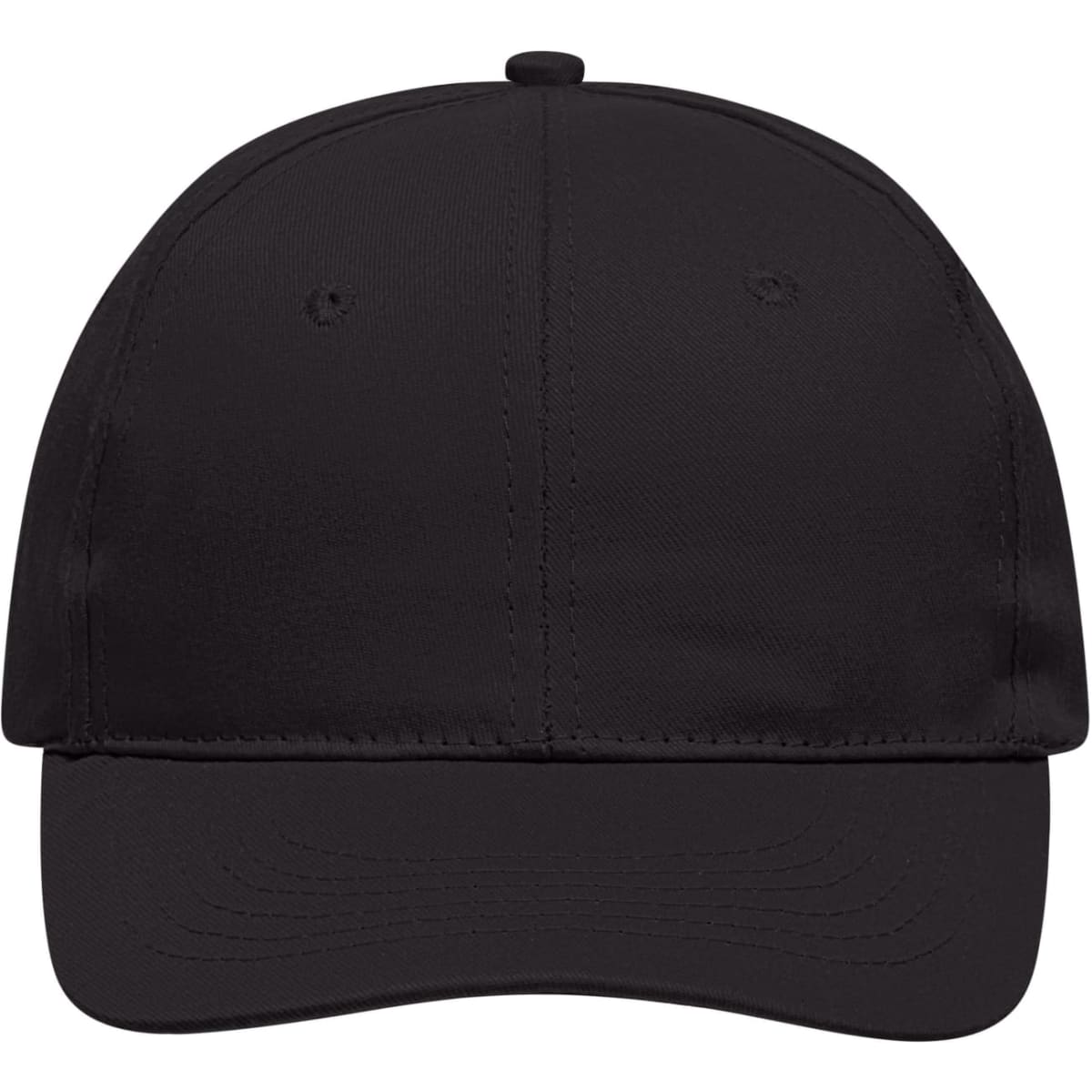 A black 6 panel cap featuring a curved brim and ventilation eyelets. It has a logo on the front.