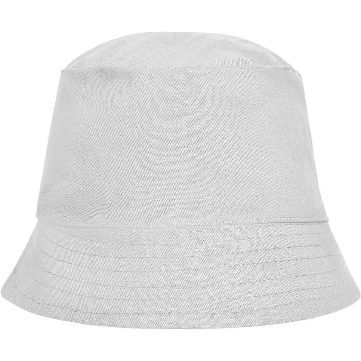 A white bucket hat with a wide brim. The hat has a logo on it.