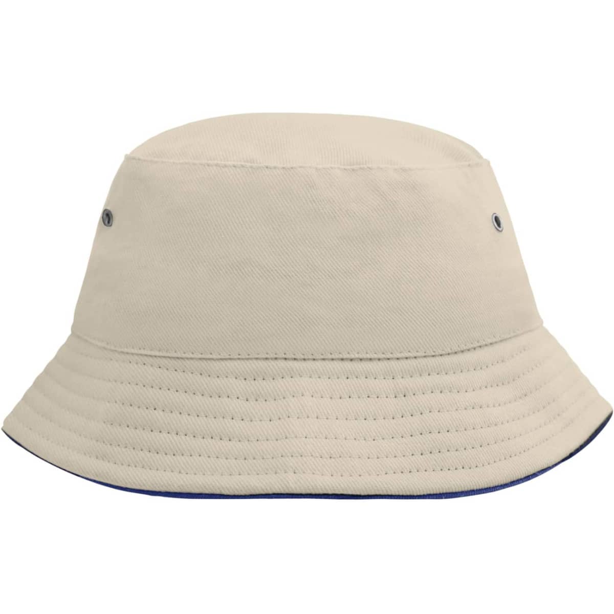 A beige fisherman piping hat with a wide brim and eyelet vents, featuring a blue accent on the edge.