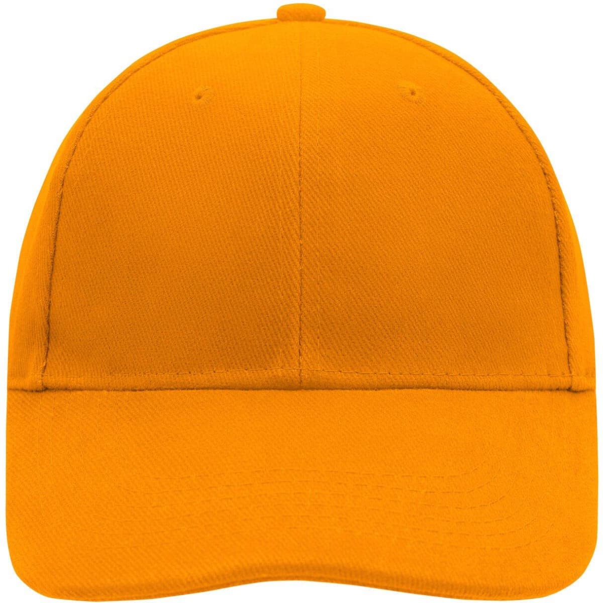 An orange 6 panel cap featuring a structured design and a curved brim. It includes a logo on the front.