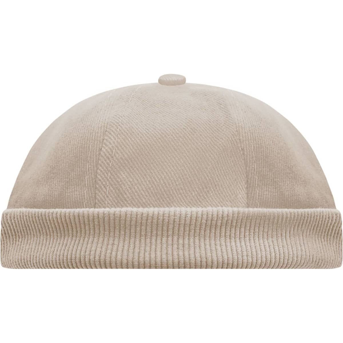 A beige 6-panel chef cap with a rounded top and ribbed band at the base. It features a small button on top.