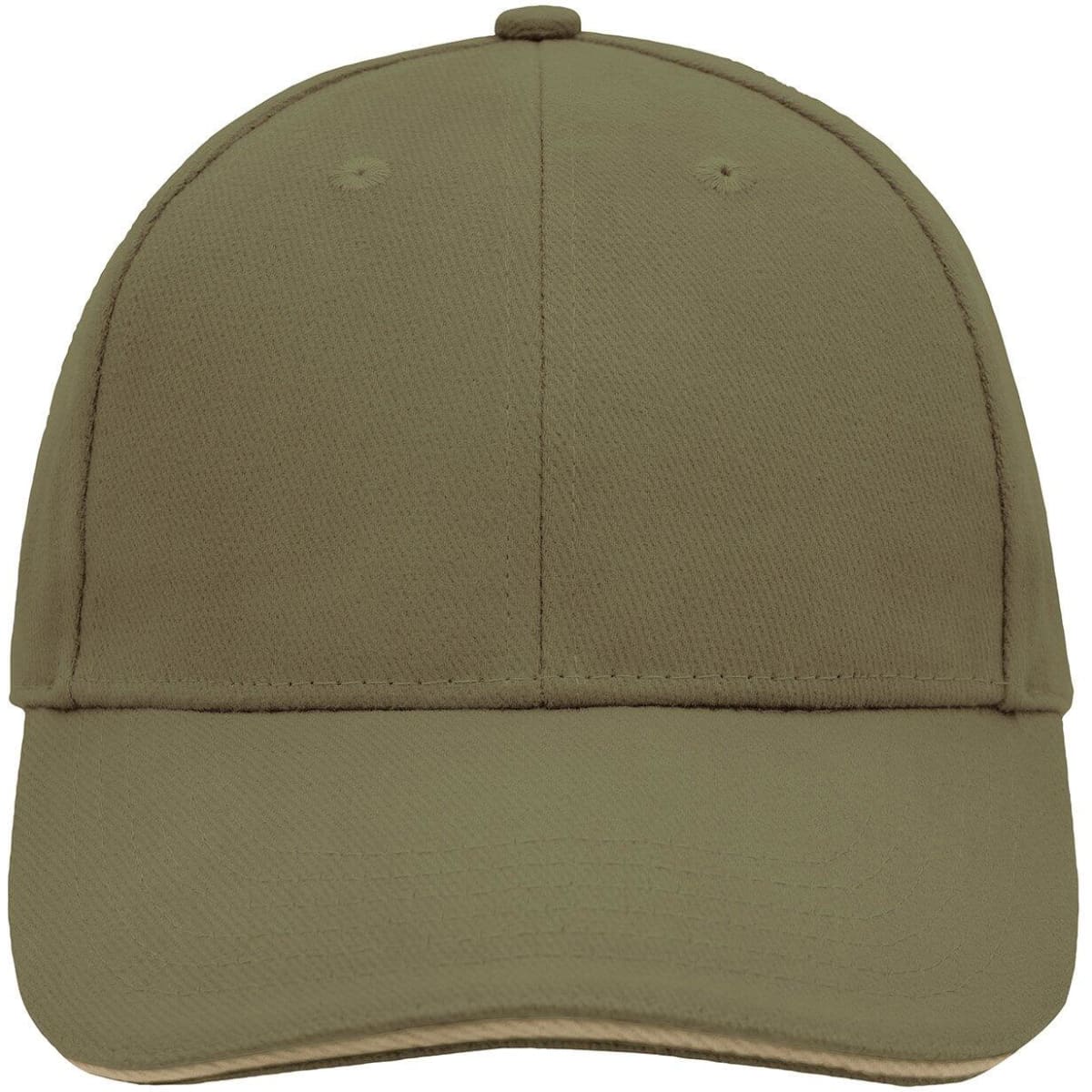 A khaki 6 panel sandwich cap with a curved brim and a plain design, featuring a logo on the front.