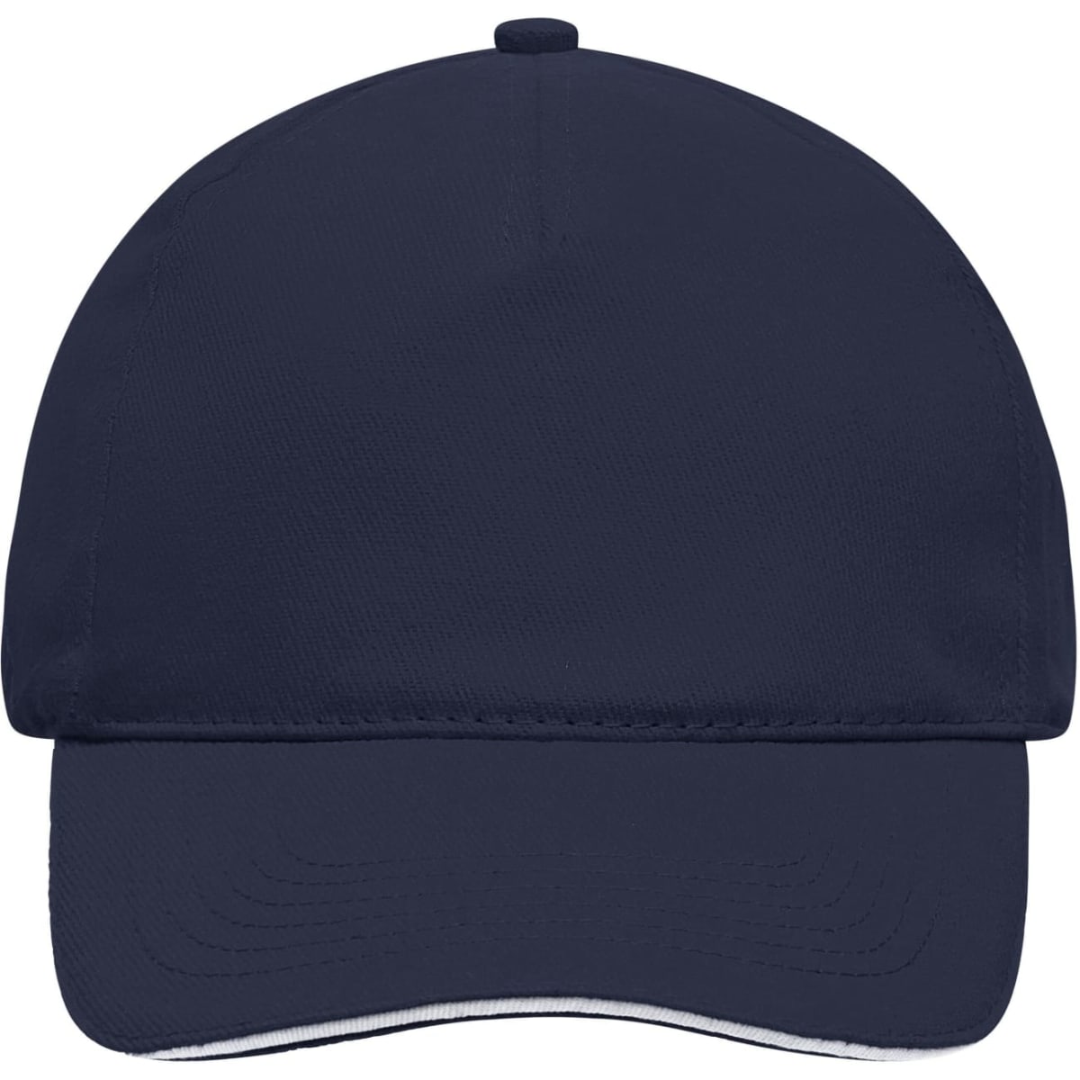 A navy blue 5 panel sandwich cap with a curved brim and a logo on the front.