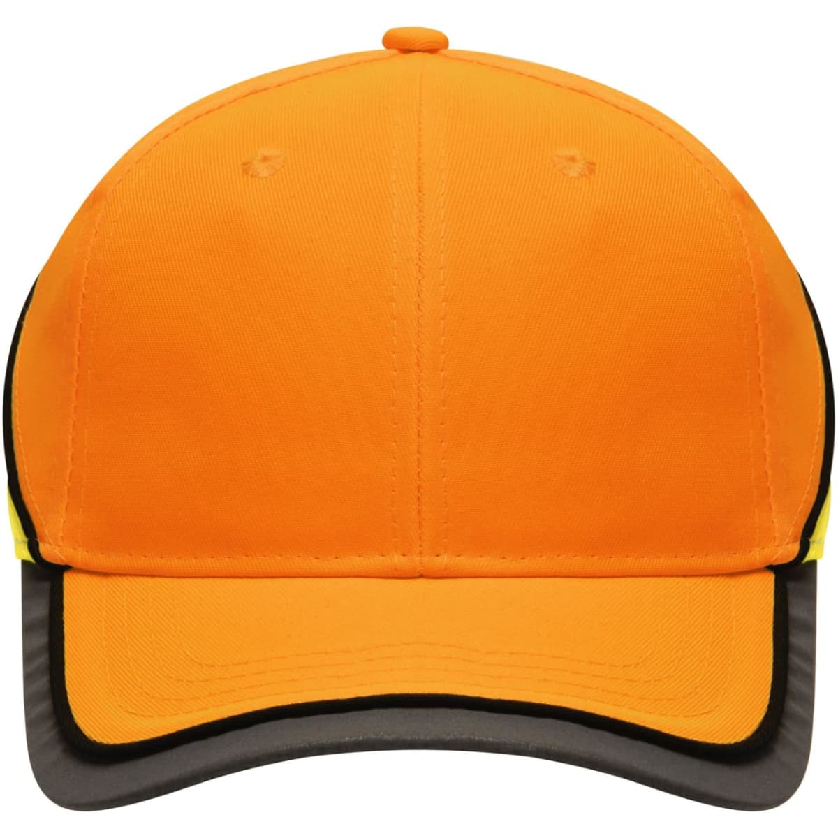 A vibrant orange cap with a black and yellow trim, featuring a logo on the front.