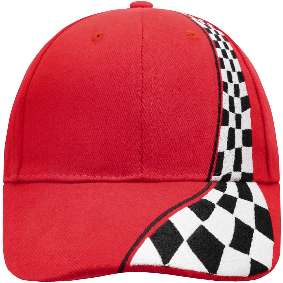 A red cap featuring a checkered pattern design along one side and a logo.