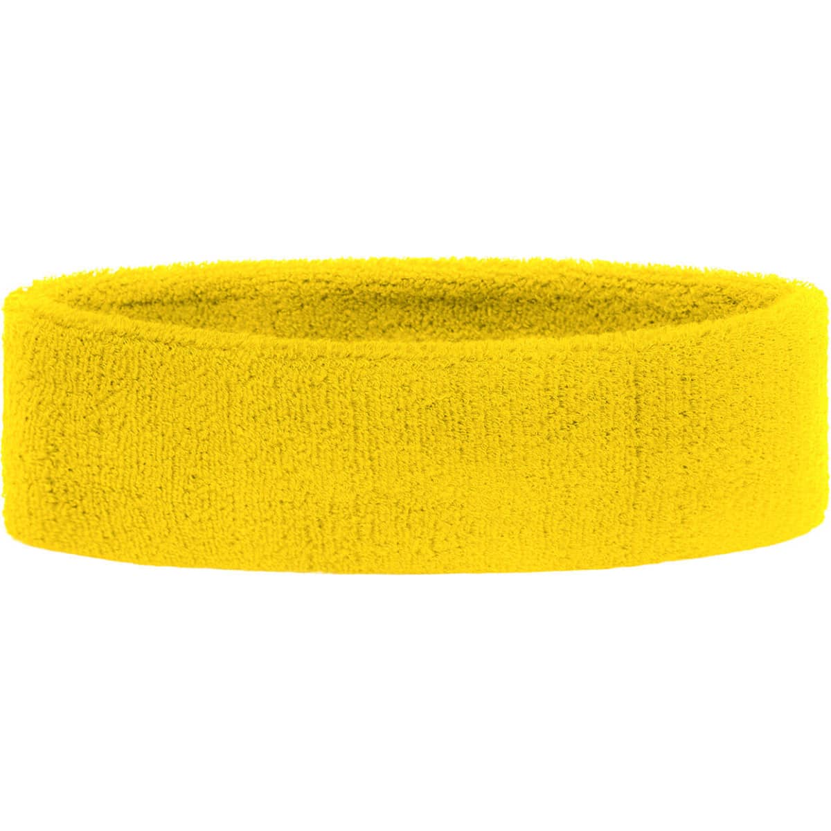 A yellow terry headband made of soft, absorbent material, featuring a smooth, rounded design.