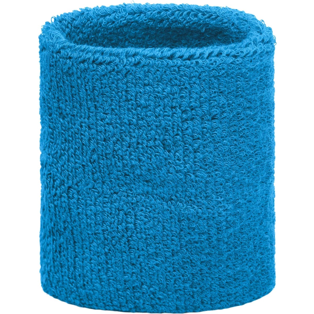 A blue terry wristband with a soft, textured finish and a consistent cylindrical shape. It features a logo.