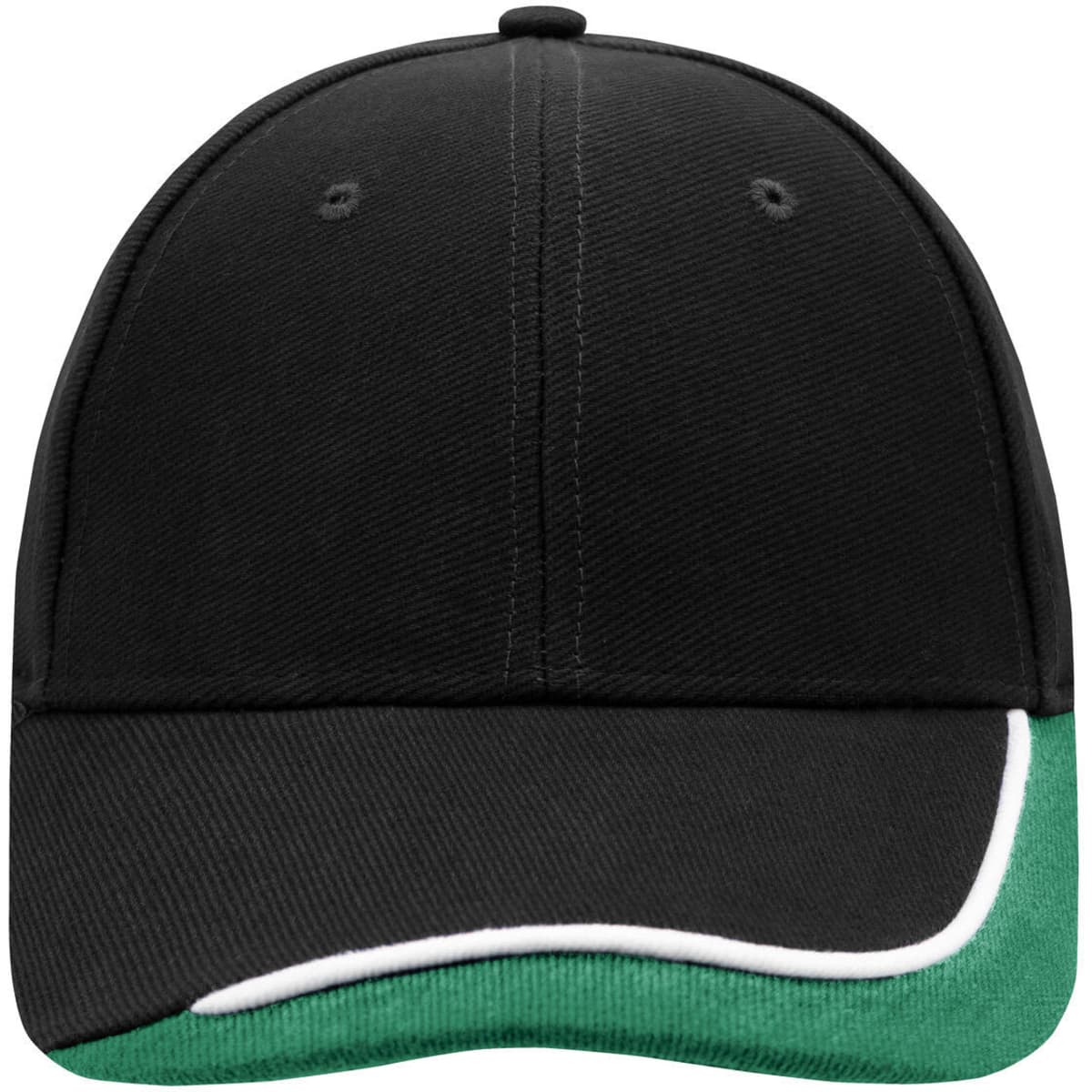 A black cap with a green and white curved brim and a brand logo on the front.