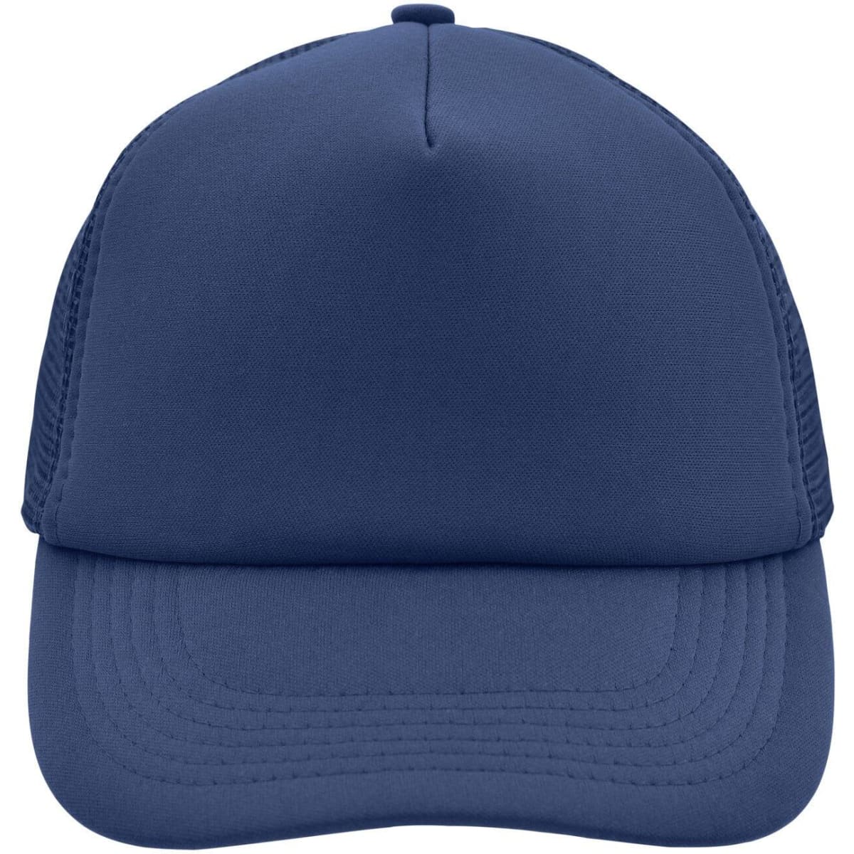 A navy blue 5-panel polyester mesh trucker cap with a solid front and mesh sides. It features a logo on the front.