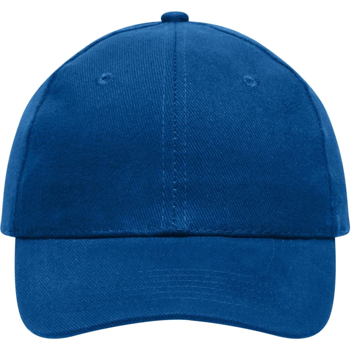 A blue 6-panel cap made of heavy cotton, featuring a logo on the front.