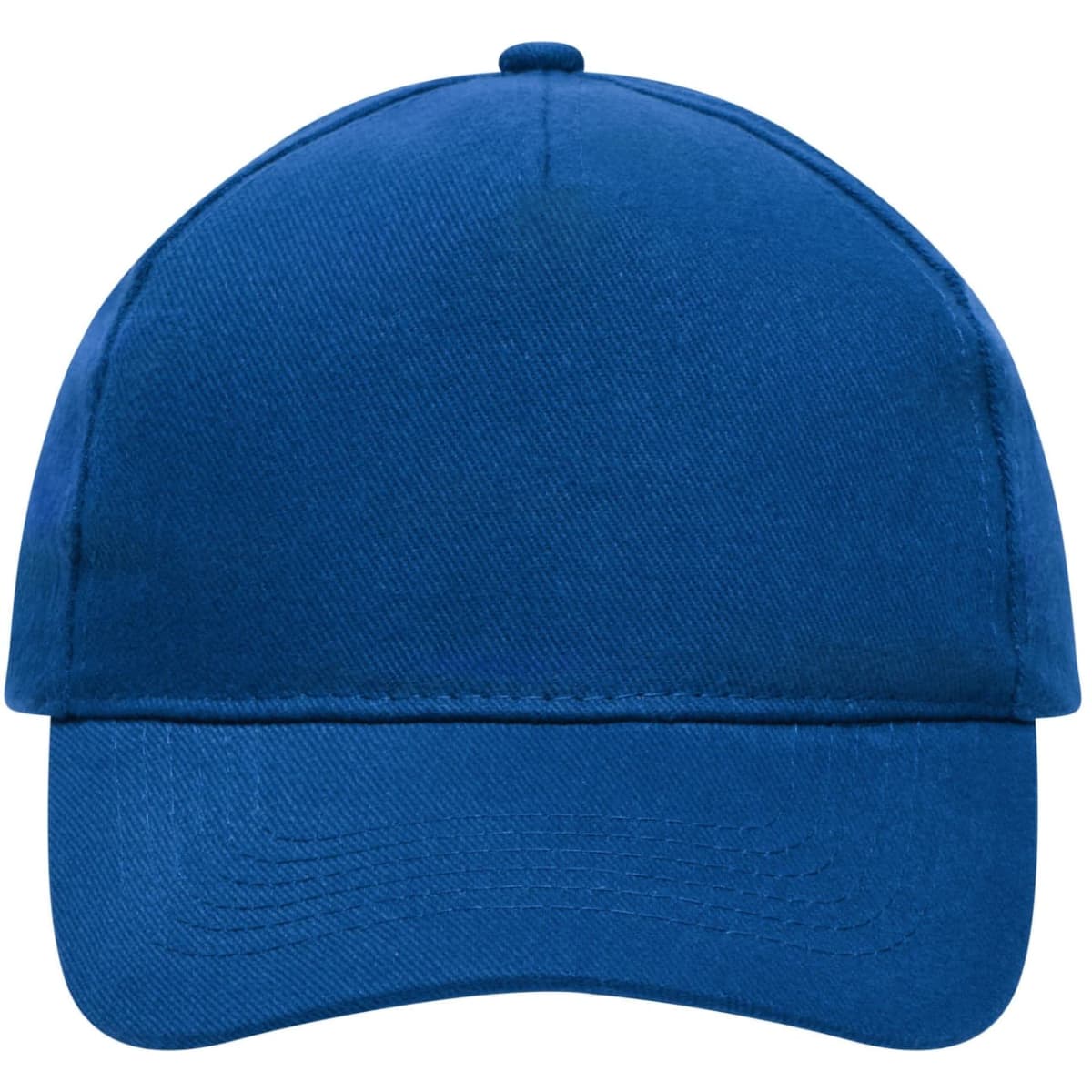 A blue 5 panel cap made of heavy cotton. It features a structured design and has a logo on the front.