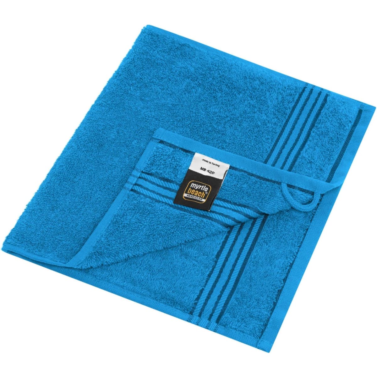 A blue hand towel with a textured surface and striped design, featuring a label and a hanging loop.