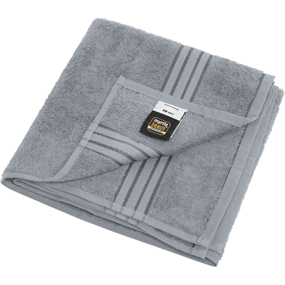 A grey hand towel with a folded corner, featuring a label and striped design. Suitable for personal use.