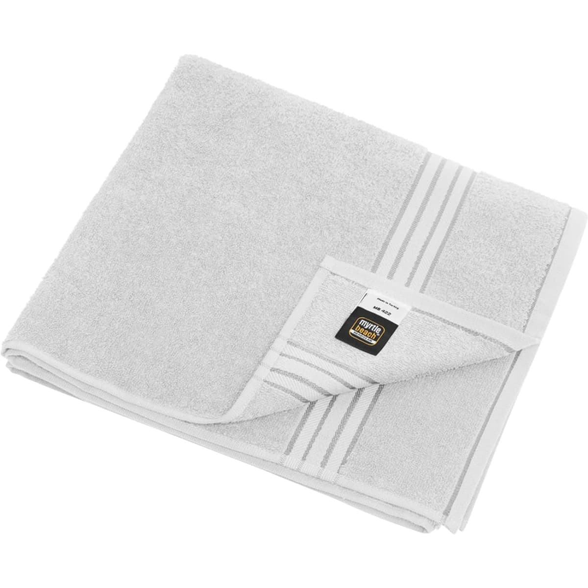A soft grey bath towel folded neatly, featuring a subtle striped design and a logo on the corner.