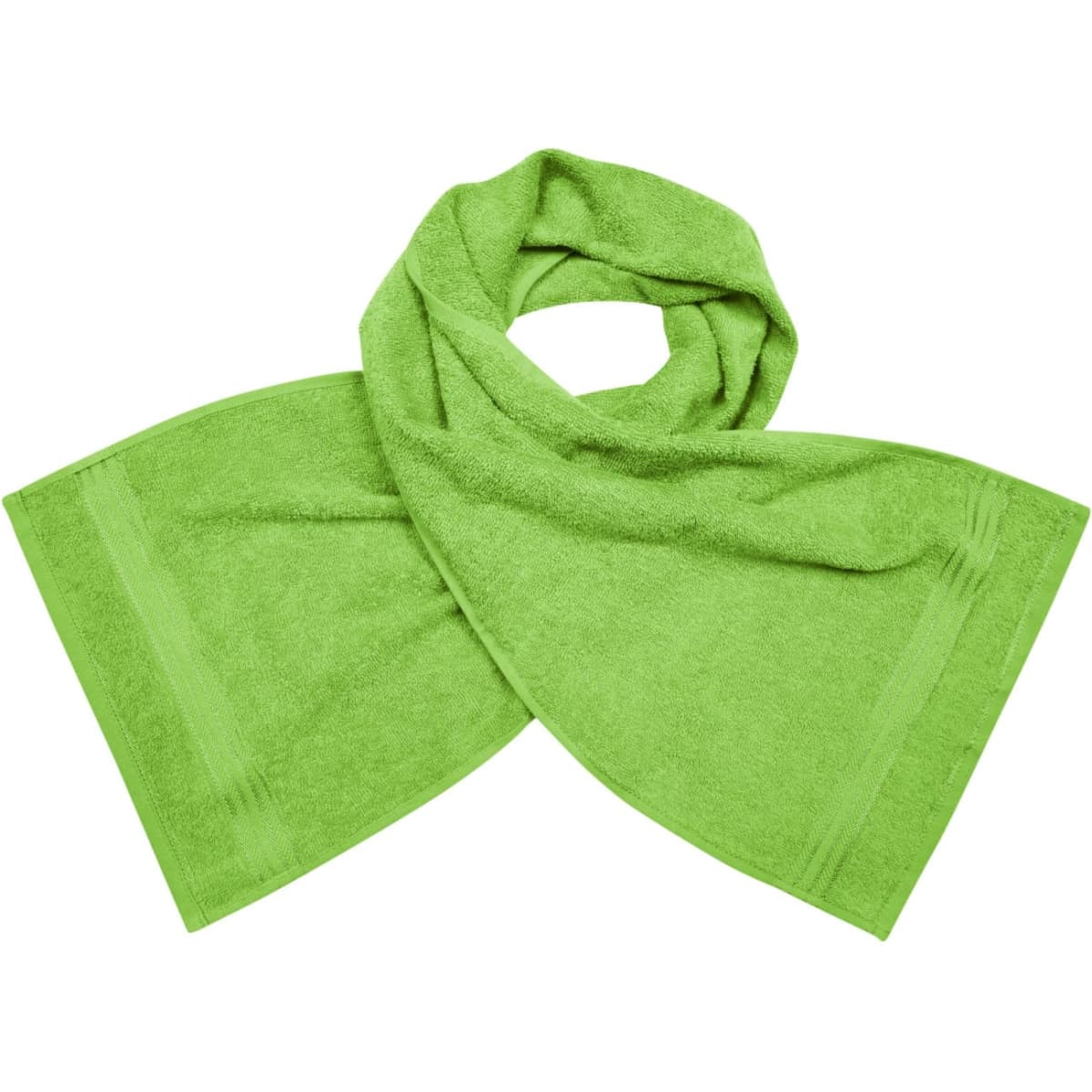 A green gym towel with a textured surface, featuring a logo and a folded design.