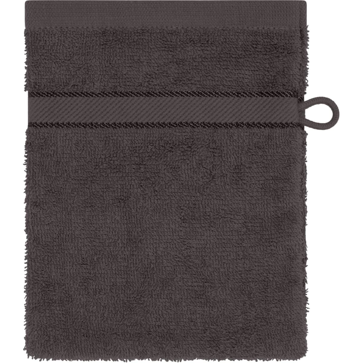A dark grey flannel towel with a textured surface and a loop for hanging. It features a simple, clean design.
