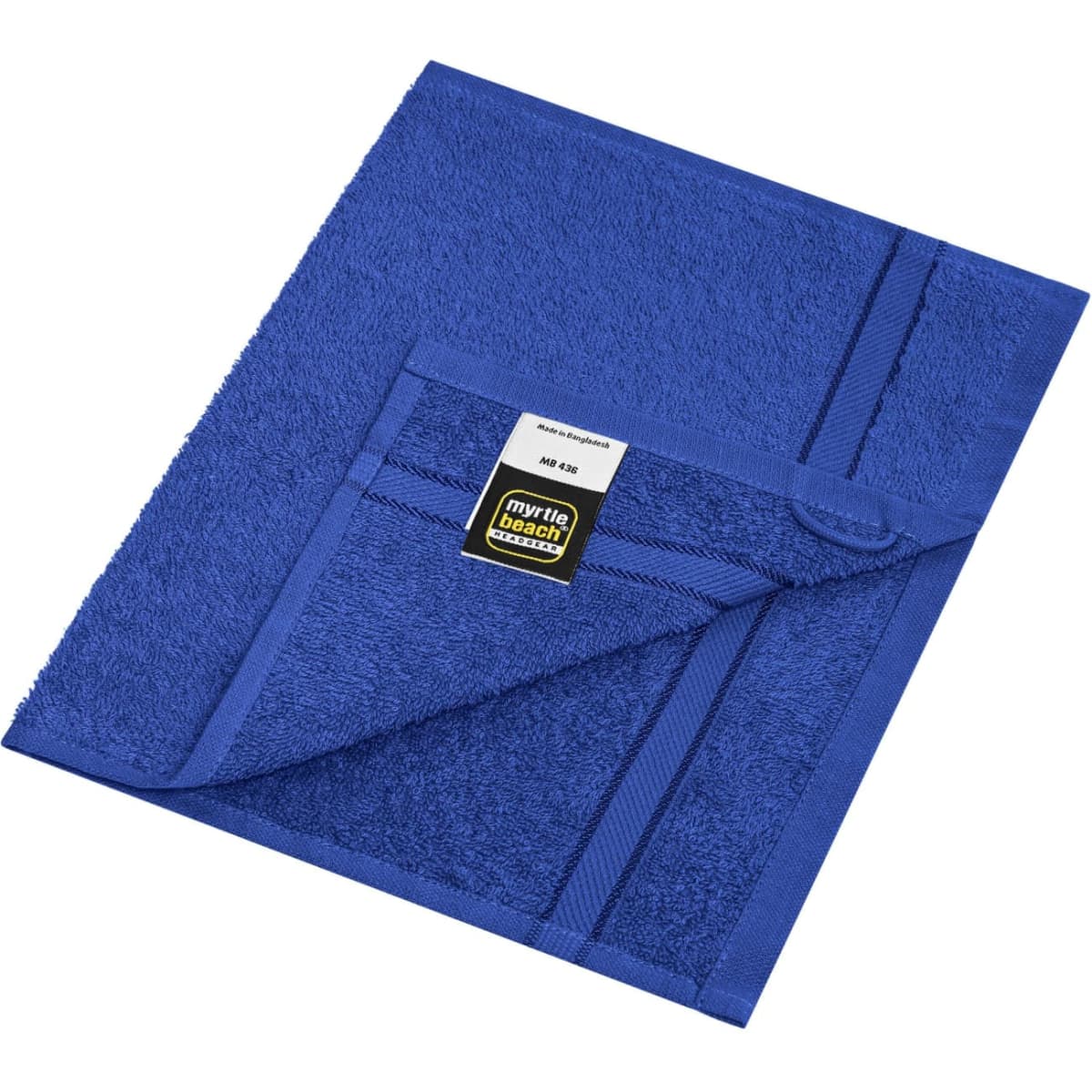 A blue guest towel with a textured finish and folded corner, featuring a logo label.