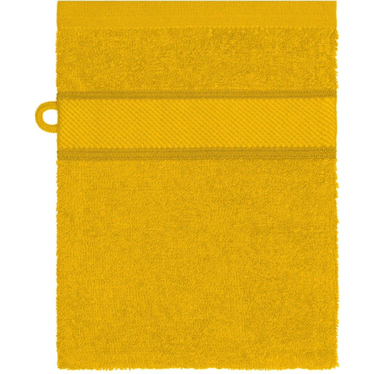 A yellow hand towel featuring a textured band and a hanging loop. It includes branding.