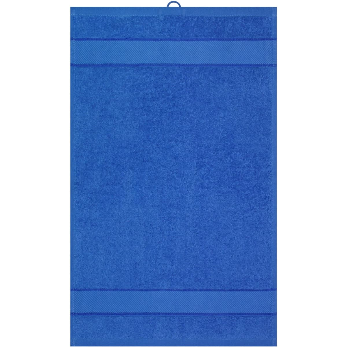 A blue guest towel featuring a textured pattern and a hanging loop. It has a simple design and a soft finish.
